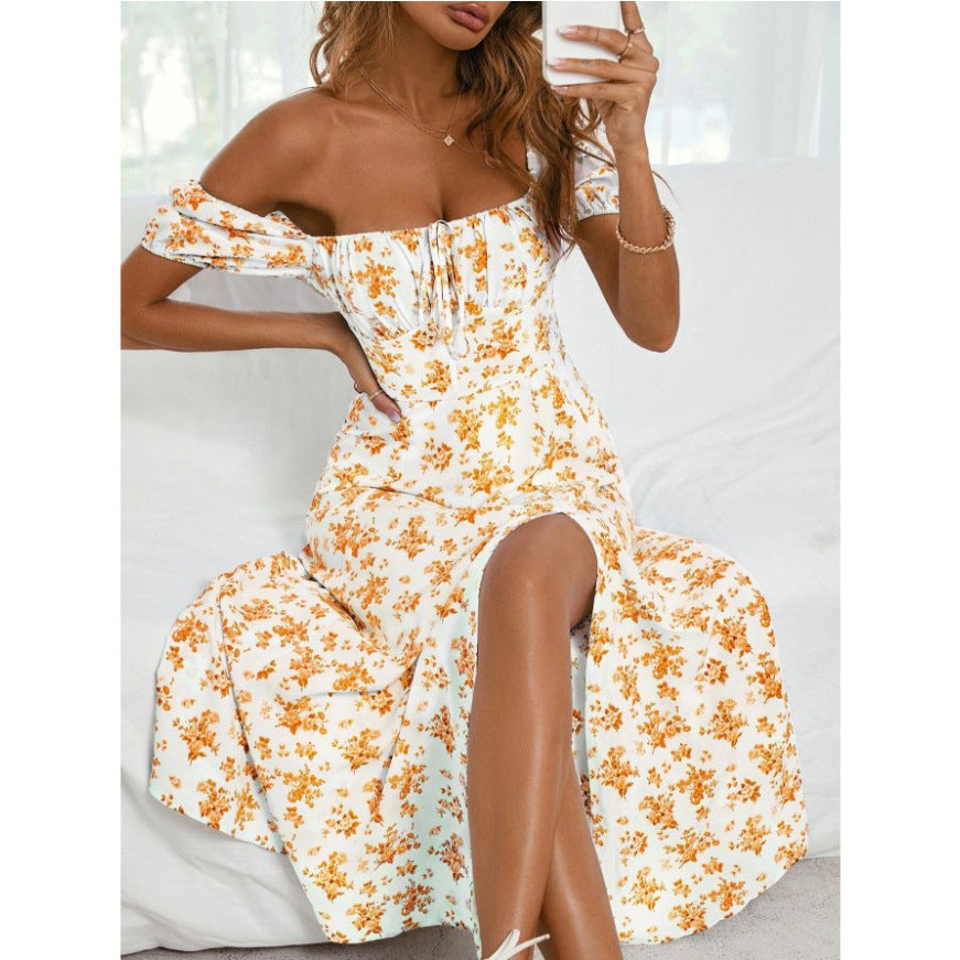 2022 Amazon spring new print French broken flower backless slim sling split dress women's spot