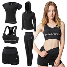 Lade das Bild in den Galerie-Viewer, ODWTMRK Jogginganzug Damen Sport Set Sportbekleidung 5er-Set Trainingsanzug Yoga Kleidung Anzug Laufbekleidung Gym Fitness Set Kleidung(Schwarz-B,M)
