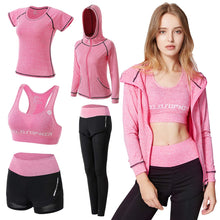 Lade das Bild in den Galerie-Viewer, ODWTMRK Jogginganzug Damen Sport Set Sportbekleidung 5er-Set Trainingsanzug Yoga Kleidung Anzug Laufbekleidung Gym Fitness Set Kleidung(Schwarz-B,M)
