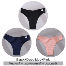 Lade das Bild in den Galerie-Viewer, FINETOO Cotton Brazilian Panties Women Sexy V Waist G-String Underwear Female T-back Underpants M-XL Lady Bikini Panty 3Pcs/set
