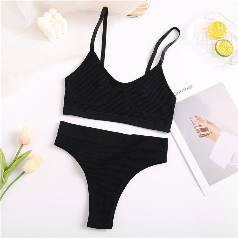 FINETOO Seamless Tanks Tops Panties Set Female Underwear Wireless Bra Crop Top Women Low-rise Underpants Soft Bralette Lingerie